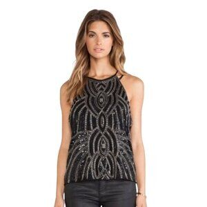 Parker Zane Fully Beaded Black Gold Sequin Silk Halter Tank Top Large